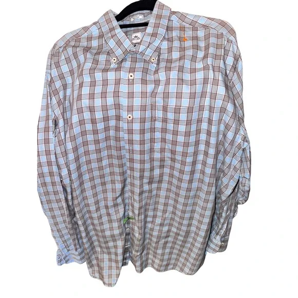 Peter Millar Mens XXL Blue Brown Plaid Button Down Long Sleeve Shirt