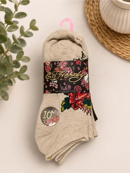 Ed Hardy (10) Pairs Low Cut Socks with Red & Green Floral Design