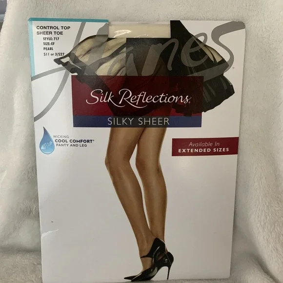 Hanes Pantyhose Silk Reflections Control Top Sheer Toe Pearl  Style 717‎ Size EF