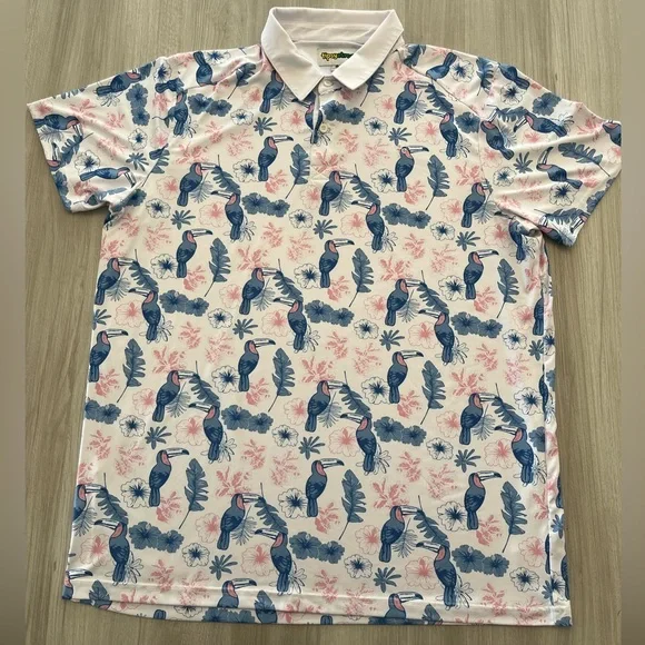 Tipsy Elves Toucan Tango Performance Polo Shirt Men's 2XL Hawaiian Short Sleeve‎