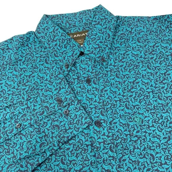 ARIAT Aromas Teal Paisley Pattern Long Sleeve Fitted Shirt 10021070S1 Large NWOT