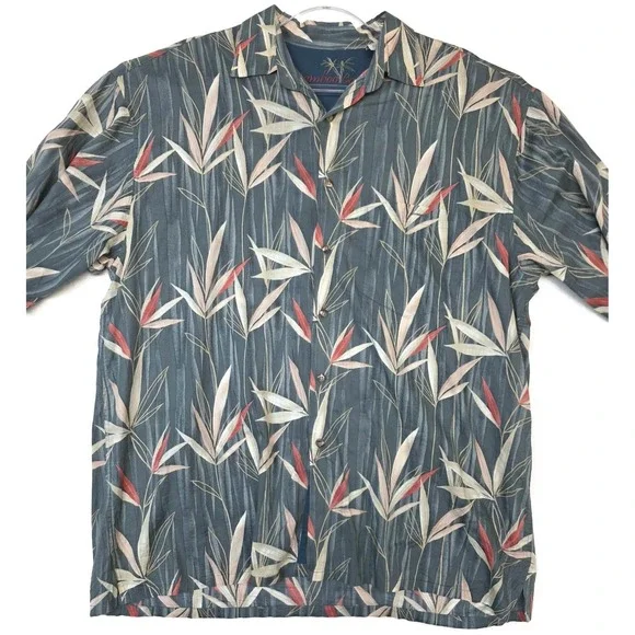 Bamboo Cay‎ Shirt Mens Large Blue Gray Bamboo Leaf Hawaiian Short Sleeve Cotton