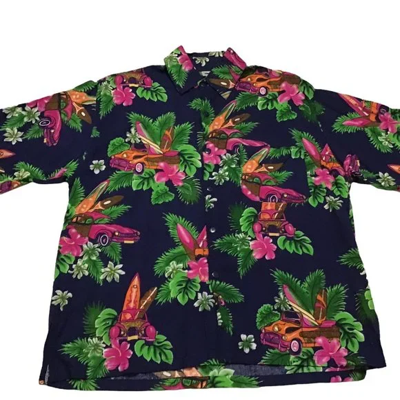 Hawaiian Shirt 100% Rayon Mens Sz M Old Cars Surf Boards Tropical All Over Print