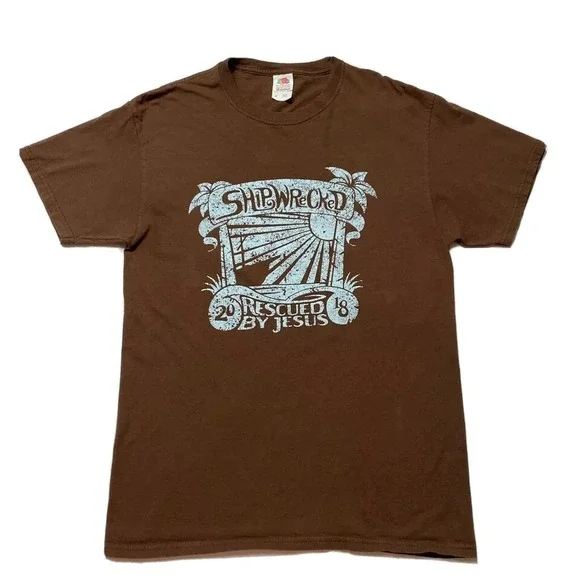 Shipwrecked‎ Rescued By Jesus Mens TShirt Size M Brown Fruit Of The Loom Graphic