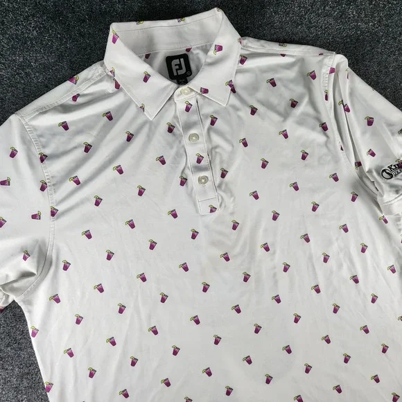 FootJoy Mens Large White Purple Cocktail Print Golf Polo Shirt Kiln Creek‎ Golf