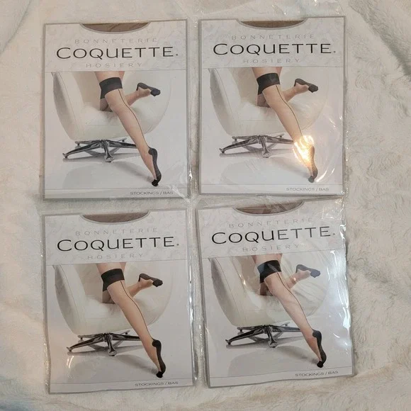 Bonneterie 4 Pack Coquette‎ Hosiery Cuban Heel Back Seam Stockings Nude Black OS