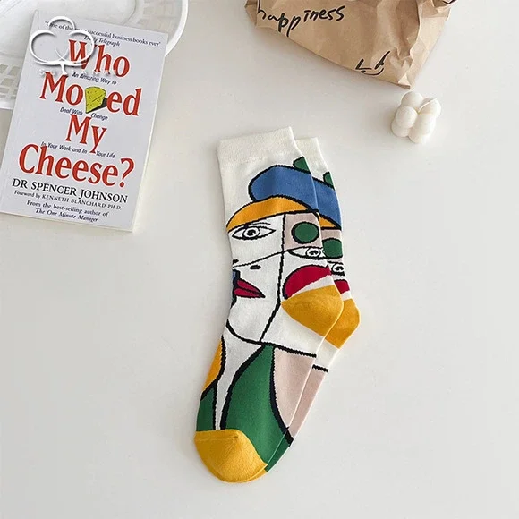 X17 WHITE  Fashionable Printed Mid-Calf Cotton Socks One Size