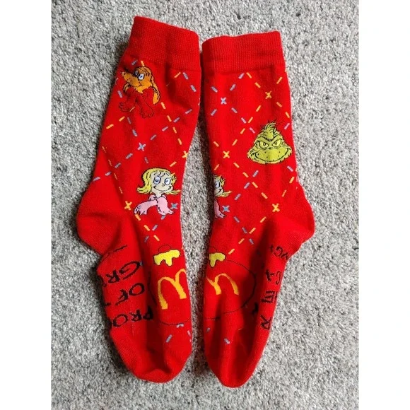 Festive McDonald's Red Cartoon Socks The Grinch Meal One Size Fits Most