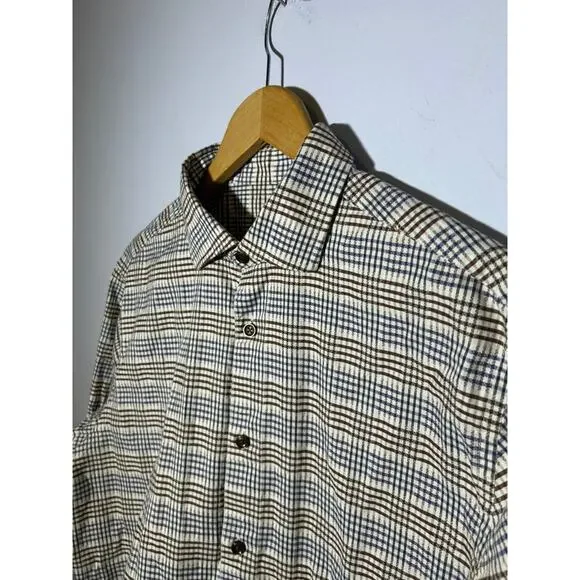 Brown Blue Plaid Tasso Elba Long-Sleeve Button-Down Oxford Shirt‎ - (Mens L)