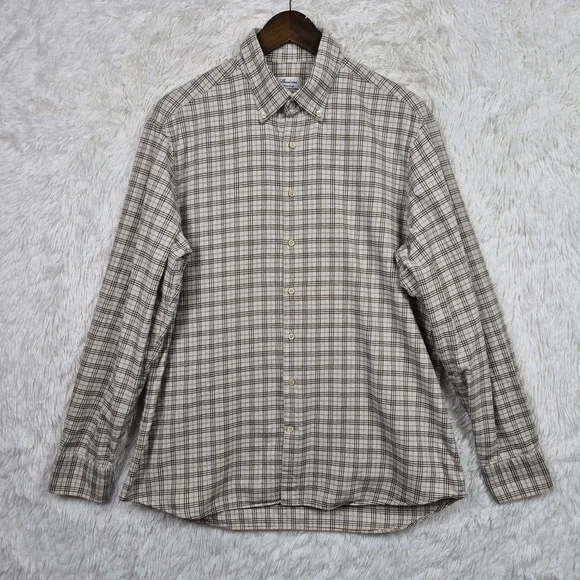 Stenstroms Mens XL Tan Plaid Twofold Cotton Fitted Long Sleeve Button Up Shirt