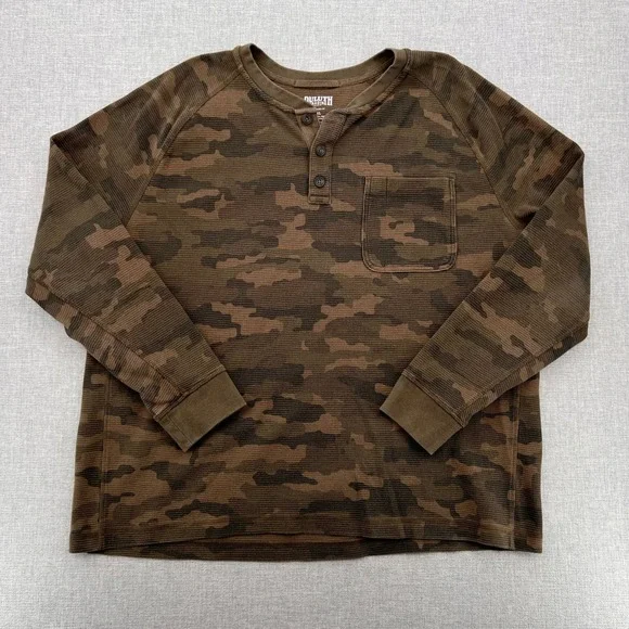 Duluth Trading Burly Thermal Waffle‎ Henley Men 2XL Brown Camo Workwear Rugged