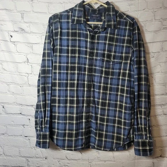 American Eagle Slim Fit Plaid Flannel Shirt Mens Large Blue Black Long‎ Sleeve L