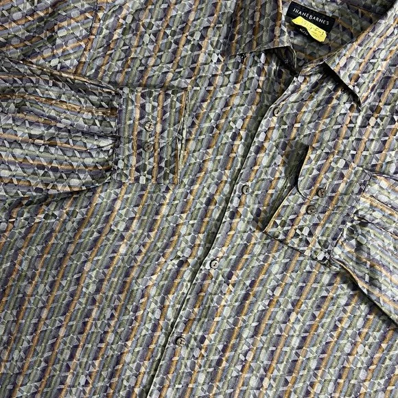 Jhane Barnes Mens XL Geometric Jacquard Long‎ Sleeve Button Down Shirt Blue Gold
