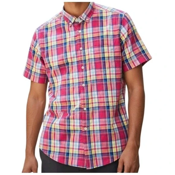 Club Room Mens Button Down Shirt Size‎ Medium Cotton Stretch Short Sleeve Plaid