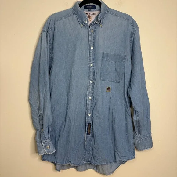 Tommy Hilfiger Men's Denim‎ Shirt, Long Sleeve, Button Down, Light Blue, Casual