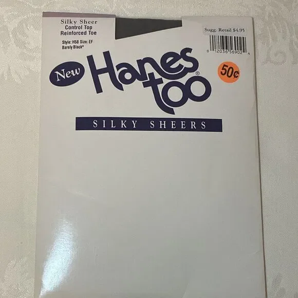 Vintage Hanes Too Silky Sheers Control Top Reinforced Toe Pantyhose ‎ Black