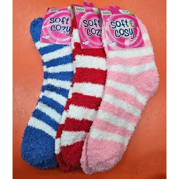 Women Slipper Fuzzy Socks 9-11 Super Soft Winter Non-Skid Cozy Stripe, 3 Pairs