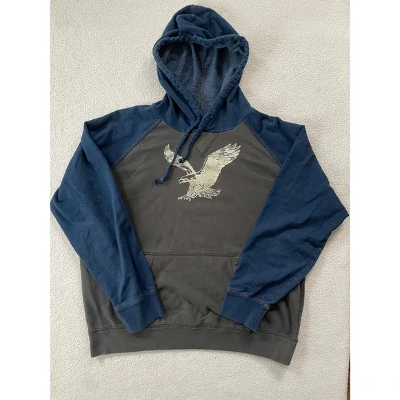 American Eagle Mens XL Hoodie Gray Blue Distressed Eagle Graphic Raglan Pullover