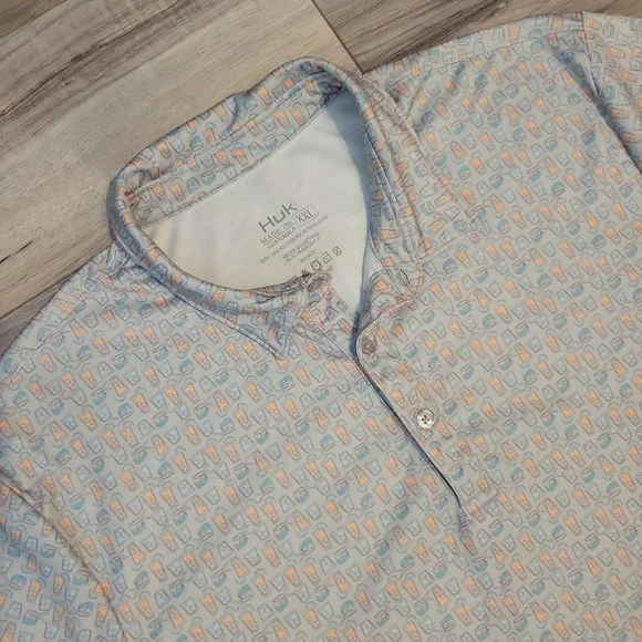 Huk Pursuit Grey Performance Polo Shirt Cocktails AOP Mens‎ Large Short Sleeve