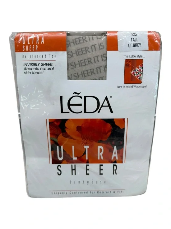 Leda Ultra Invisibly Sheer Pantyhose Reinforced Toe 525 Tall Lt Grey 100% Nylon
