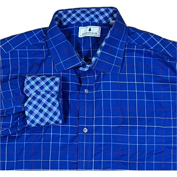 Southern Pines Plaid Button Down Men‎ XXL Blue Flip Cuff Classic Preppy Office