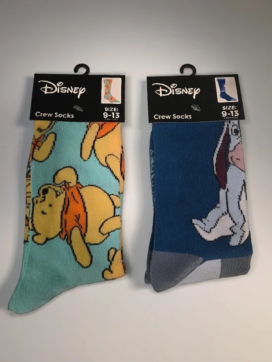 2 PAIR Disney Crew Socks – Winnie the Pooh (Aqua/Yellow) & Eeyore (Blue/Gray)