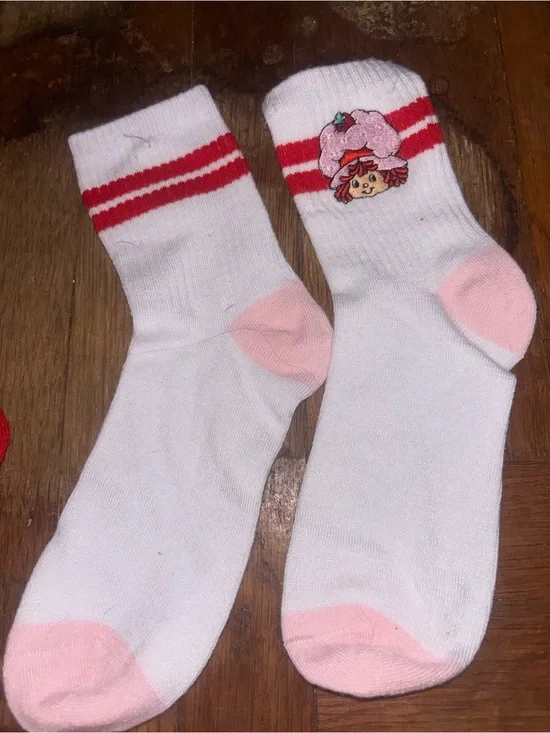 White Crew Socks with Pink Accents and Strawberry Character