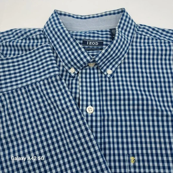 Izod Premium‎ Essentials Mens XLT Blue Gingham Button Down Shirt 100% Cotton