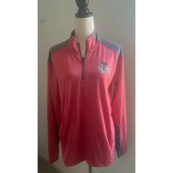 NHL Men’s Chicago Blackhawk Red Gray Long Sleeve  1/4  Zip Shirt w/‎ Pockets M