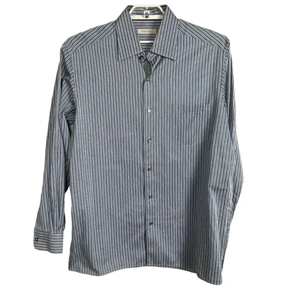 Ermenegildo Zegna Italy Size XL Button Down Long Sleeve Blue White Striped Shirt