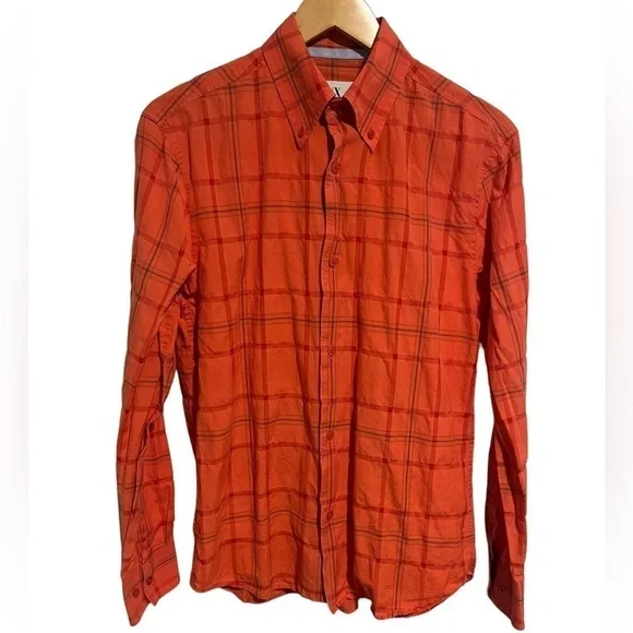 Armani Exchange Men's Orange Plaid Button Down Shirt Small