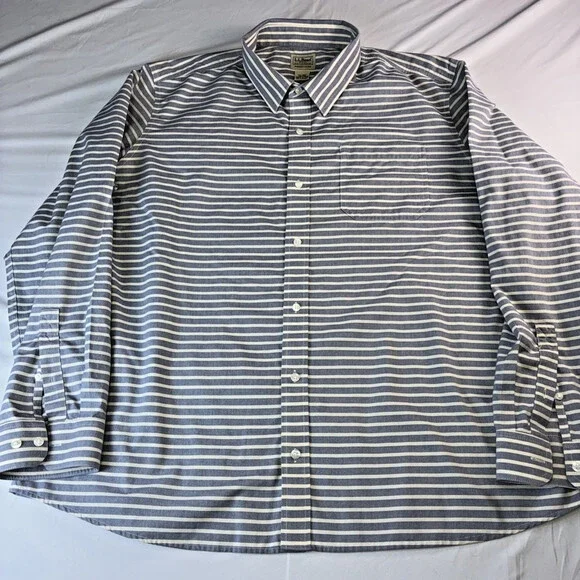 LL Bean Slightly Fitted Striped Cotton Button Down Beach Wear‎ Men’s XXL Gray