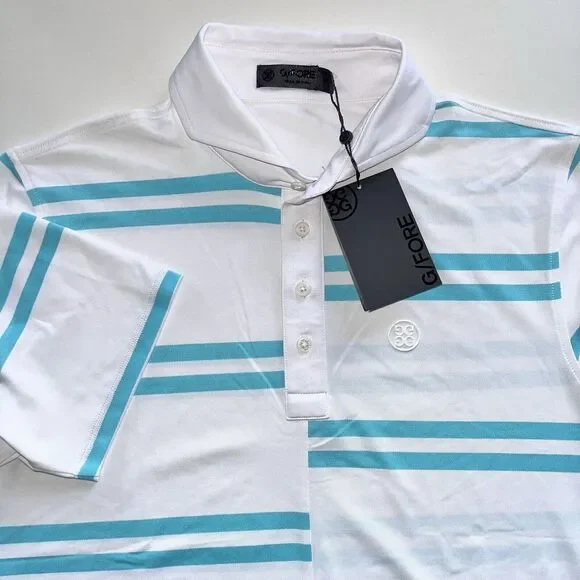 New G Fore White with Green Striped Golf Polo Mens‎ S