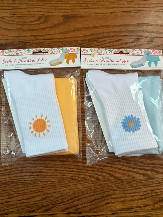 New Set of 2 Pilates Socks & Headband Sets - White  Yellow  Blue