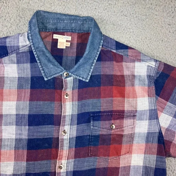 Carbon 2 Cobalt‎ Shirt Men XXL Red Blue Plaid S/S Denim Collar Classic Outdoor