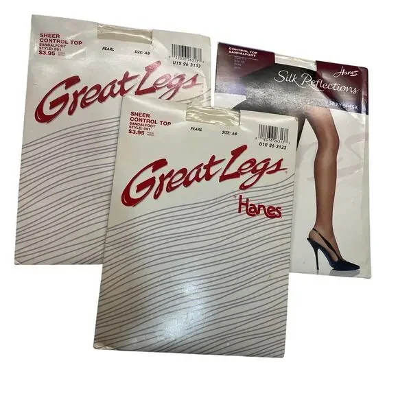 Vintage Pantyhose HANES bundle of 3‎ Size AB Control Top Sandalfoot White Pearl