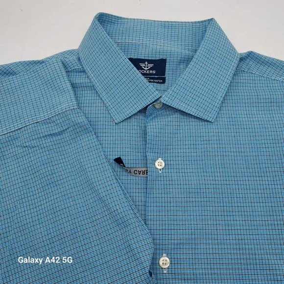 Dockers Mens Teal Navy Check Dress Shirt Fitted Long Sleeve 16-16.5 34/35‎ NEW