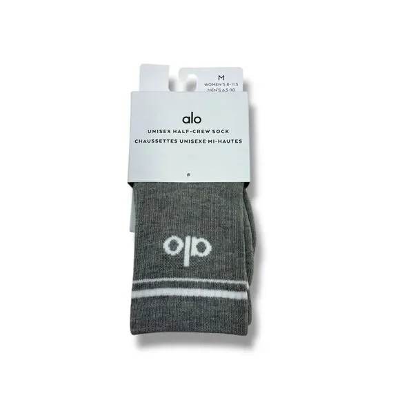 ALO Yoga NWT Unisex Half Crew Socks in Athletic Heather Gray/White Size M