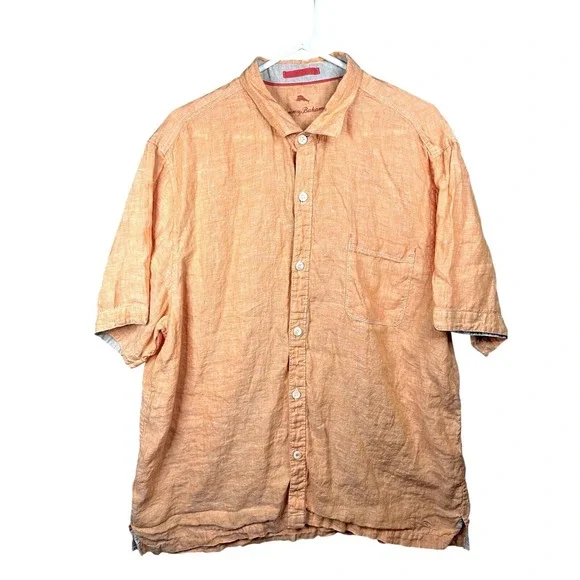 Tommy Bahama Linen Button Front Shirt Mens XL Orange Short Sleeve Relaxed Fit‎