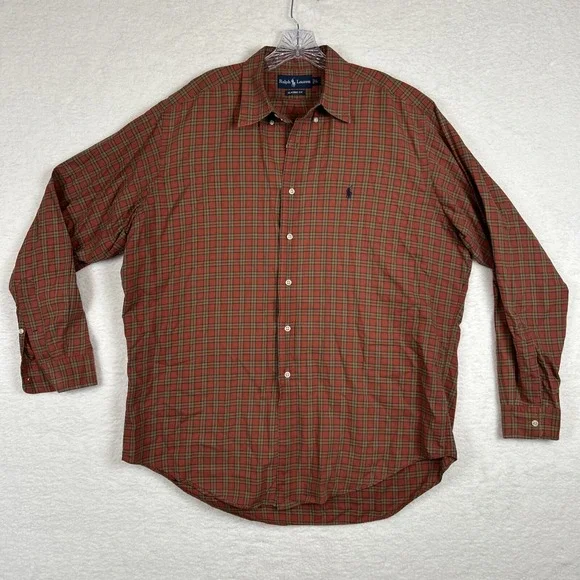 Ralph Lauren Shirt Mens L Orange Green Plaid Check Cotton Oxford OCBD‎ Button Up