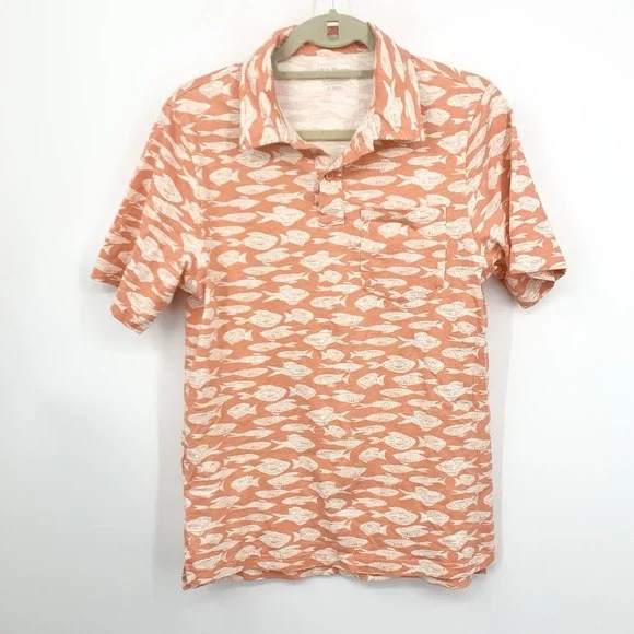 LL Bean Men‎ Size Small Shirt Short Sleeve Polo Organic Cotton Fish Orange Top