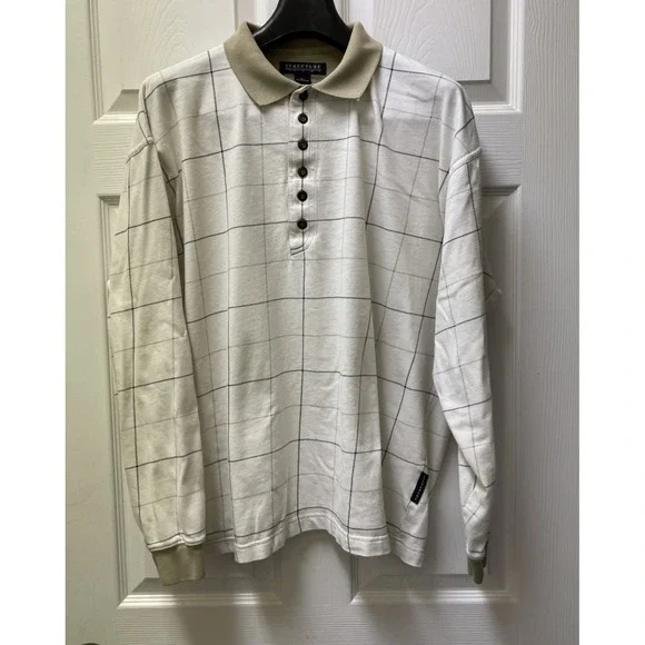 VTN Structure Men's L Rugby Shirt‎ Ivory & Khaki Y2K Grunge Fit 6 Button Closure