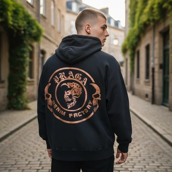 Vintage‎ Praga Denim Factory Skull Graphic Full Zip Hoodie Sweatshirt 2XL Black