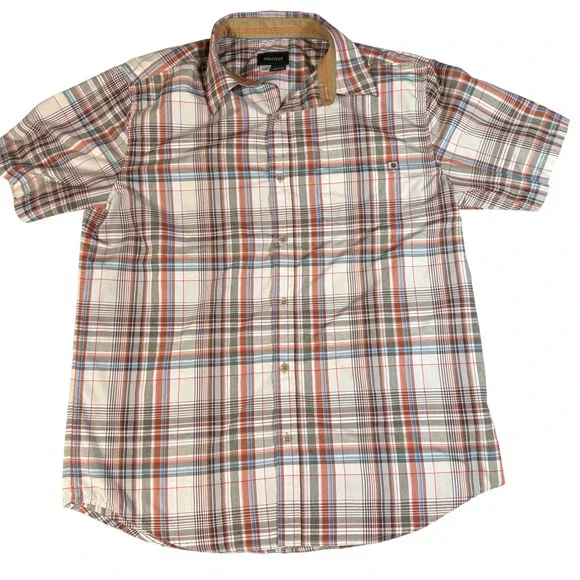Marmot Eldridge Plaid Short Sleeve‎ Button Front Shirt Men's L – Rust Olive Blue