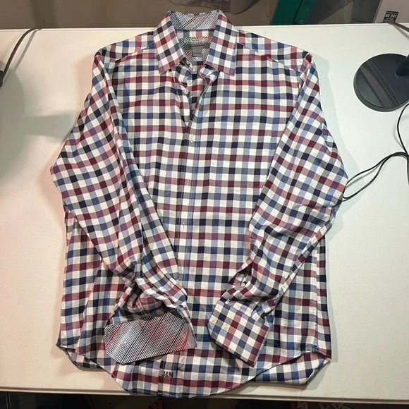 Johnson & Murphy Mens‎ Tailored Fit Long Sleeve Button Down Shirt Sz S Red White