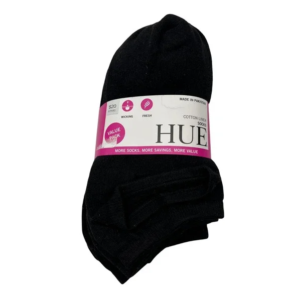 HUE Socks Womens OS Black Cotton Liner Socks 6 Pairs Value Pack Wicking Fresh