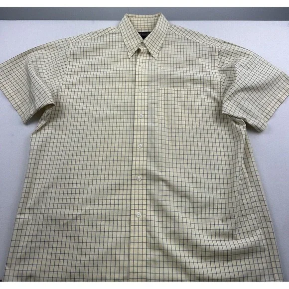 Brooks Brothers Mens Large Short Sleeve Shirt Button Down‎ Yellow Plaid *STAINS*
