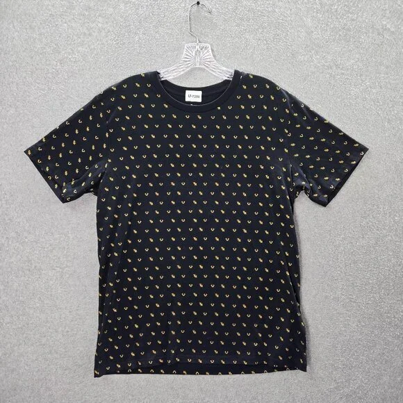 True Religion‎ Men Shirt Medium Black Monogram Logo Allover Print Short Sleeve