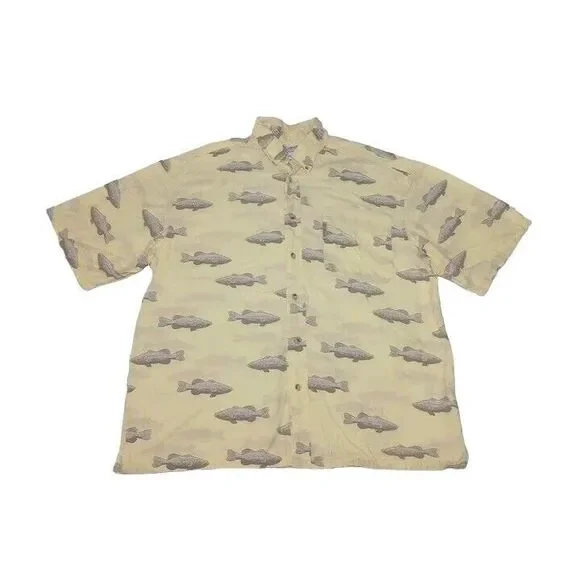 Columbia Men's Large Shirt Yellow Button Up All Over‎ Fish Cotton Viscose