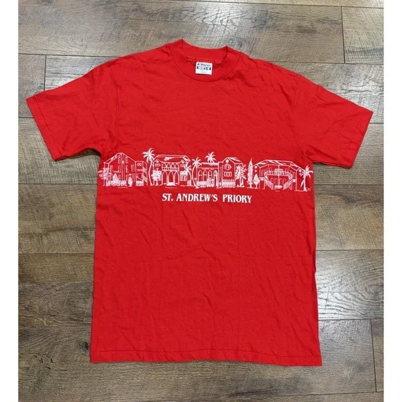 Vintage 80s St. Andrews Priory Honolulu‎ Hawaii Graphic Tee Red Medium Beach